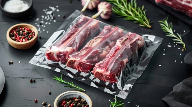 Raw uncooked beef steaks in vacuum packed air sealed sous vide bag set, tomahawk, t bone and club steak cuts, on old dark wooden table background, top view flat lay