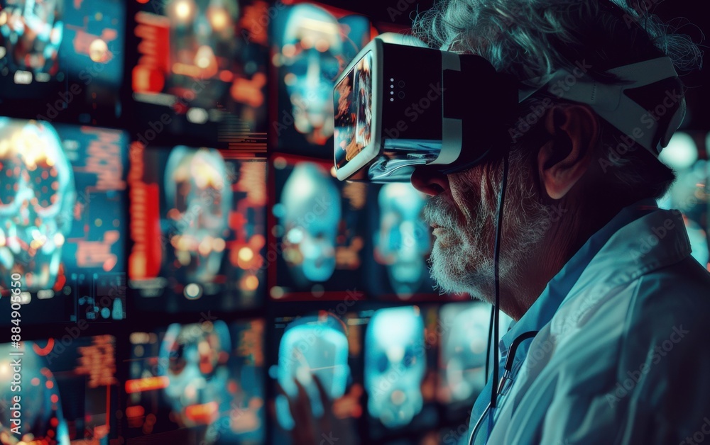 Poster a man wearing a white lab coat is looking at a computer screen with a virtual reality headset on. co