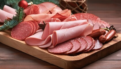 A variety of sliced meats including ham, sausage and salami artfully presented on a wooden cutting board