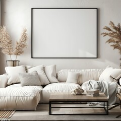 Photo mockup, large blank black frame on wall in living room with white sofa and coffee table, neutral tones, cozy boho interior design style 