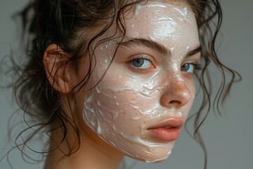 Young woman with a beauty face mask, close-up portrait highlighting her clear skin and intense gaze. Skincare and beauty routine concept.
