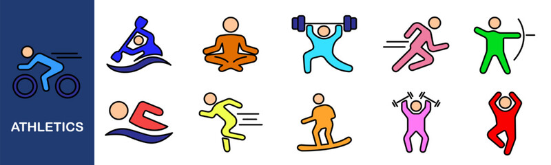 Athletics set icon. Cycling, swimming, yoga, weightlifting, sprinting, archery, snowboarding, fitness, exercise, training, health, active lifestyle, sports icons.