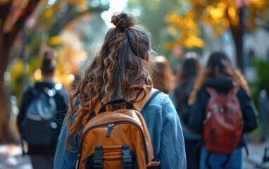 A girl with long hair is walking down a street with a brown backpack. She is the only one with a backpack