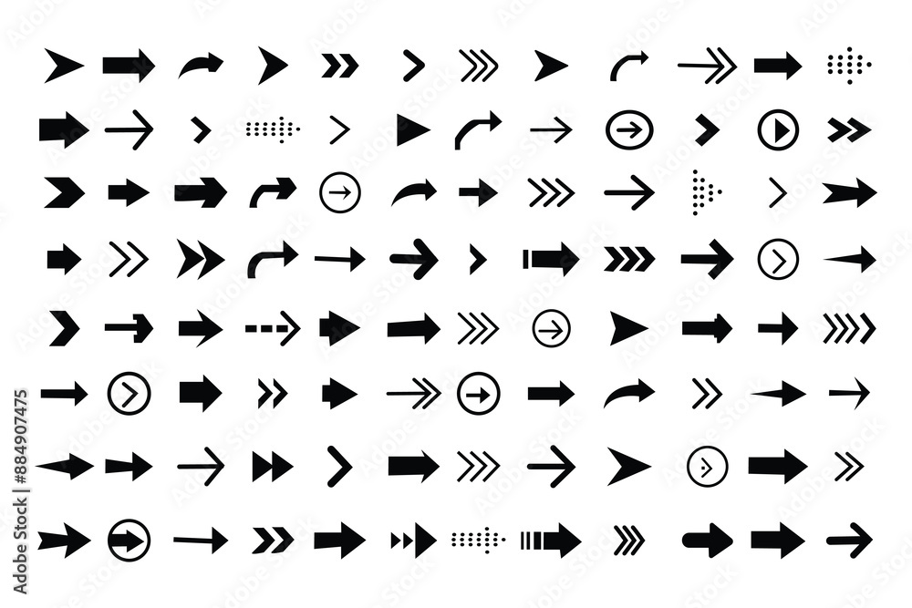 Poster arrow icon set. collection different arrows sign. arrows set of 96 black icons isolated on white bac