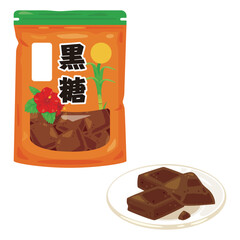 皿に盛られた黒糖と袋入りの黒糖