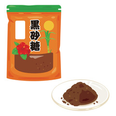 皿に盛られた粉末の黒砂糖と袋入りの粉末の黒砂糖