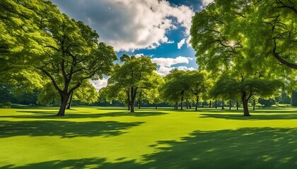 beautiful park with beautiful trees in the background and blue sky with clouds
