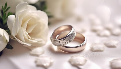 Wedding card in white colors with flowers and wedding ring 