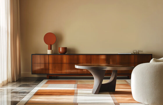 Sideboard with large round table, rich brown glossy wood, in elegant living room with beige walls. Geometric patterned rug. Ideal for interior design mockup and advertisement. Generative AI.