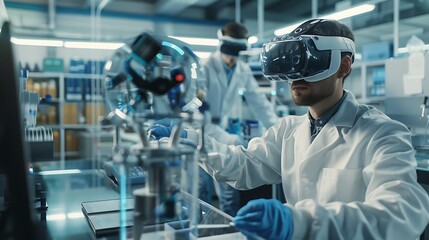 Engineering technology integration in a futuristic lab with engineers using VR and AR tools