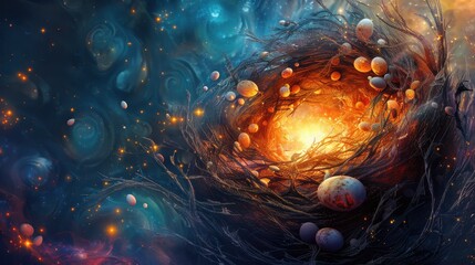 Fantasy-inspired basket with cracked eggshells and vibrant elements, evoking a sense of discovery, illustration background