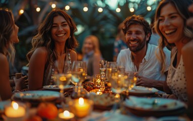 A group of people are sitting around a table with wine glasses and plates of food. They are all smiling and enjoying each other's company. Scene is happy and social