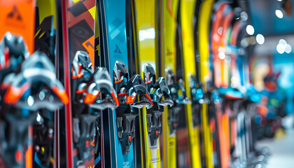 Ski shop sale. Rows of colourful alpine skis in modern sport equipment store