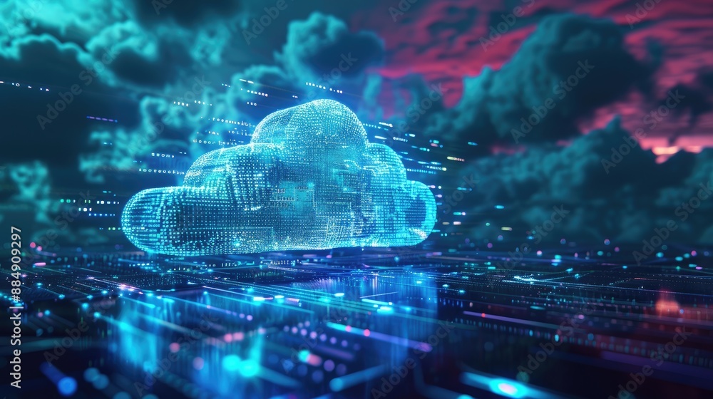 Poster modern cloud web storage, ai server for global social media, binary code futuristic theme