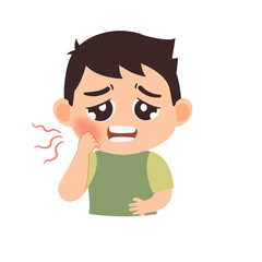 Cute kid toothache illustration, hand on cheek
