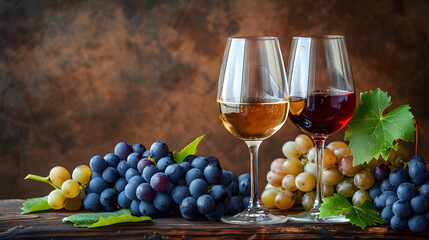 Two glasses of wine and grapes on brown background, white red blue green purple black yellow grape, glass transparent red violet blue white dark green purple wine with leaves and vine branch isolated