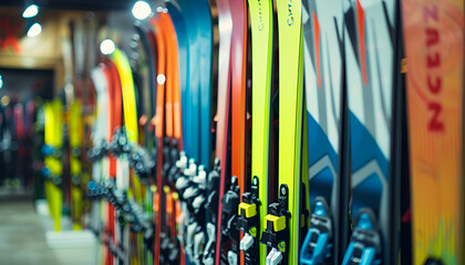 Ski shop sale. Rows of colourful alpine skis in modern sport equipment store