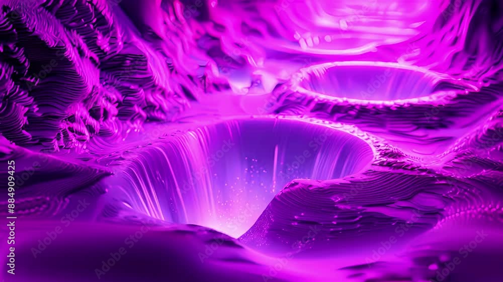 Poster a mesmerizing geometric waterfall in hues of magenta and violet with intricate patterns and neverend