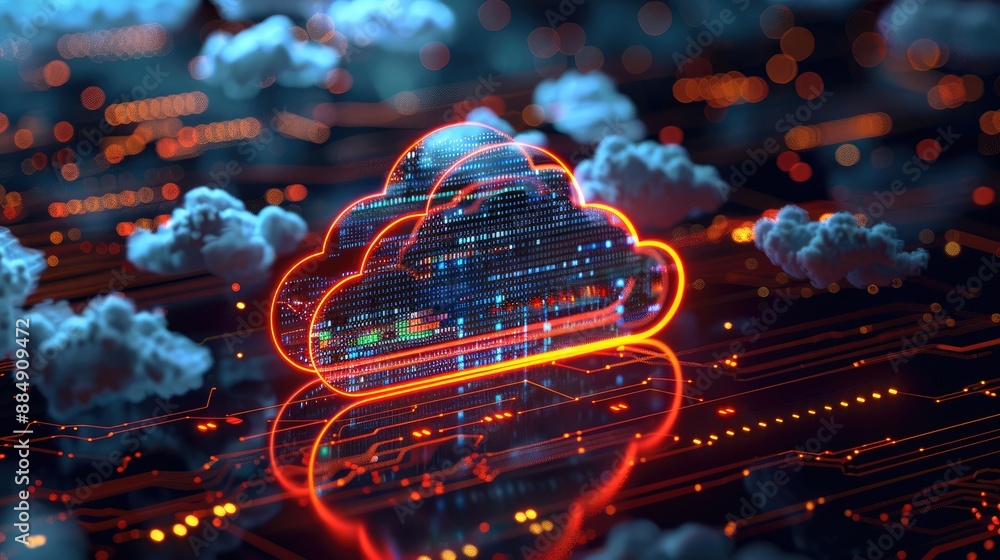 Poster modern cloud web storage, ai server for global social media, binary code futuristic theme