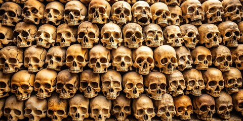 Wall of stacked Human Skulls, skulls, eerie, creepy, bone, horror, macabre, death, Halloween, spooky, dark, gothic, morbid