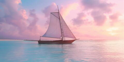 Fototapeta premium A traditional wooden dhow sailing boat on calm waters at sunset, with pastel pink and blue sky reflecting in the water, with copy space for text or design. Travel concept.