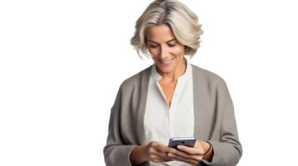 Middle-aged woman interacting with smartphone, engaging in social media and internet browsing on transparent background, ideal for technology and lifestyle themes