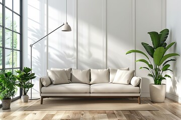 A modern living room interior with a sofa created with Generative AI