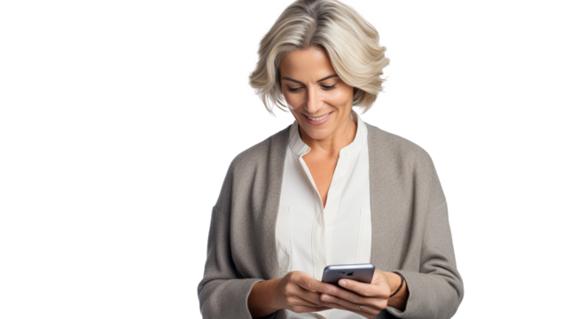Middle-aged woman interacting with smartphone, engaging in social media and internet browsing on transparent background, ideal for technology and lifestyle themes