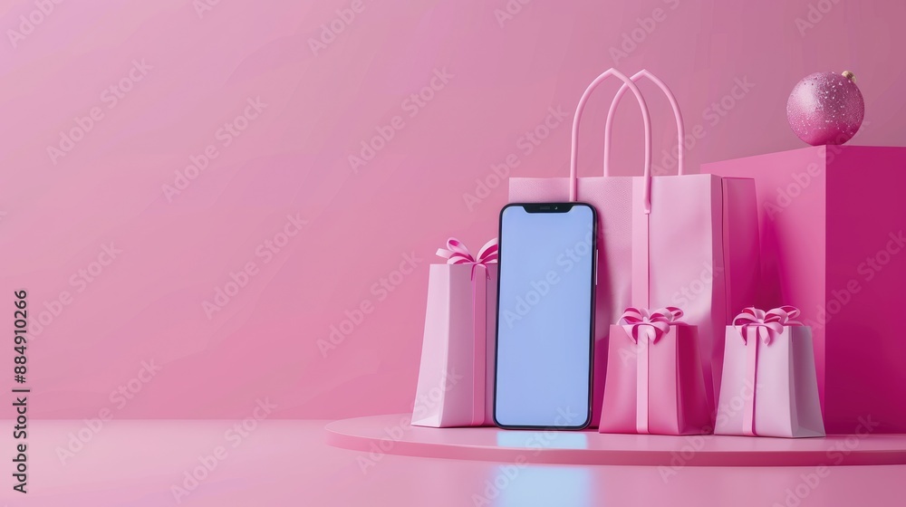 Poster online shopping app on smartphone, 3d rendering, simple one-color backdrop