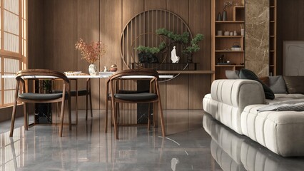Oriental, luxury wood panelling dining room and living room with brown wooden dining table and chair, sofa in sunlight from shoji window for interior design decoration, product background 3D