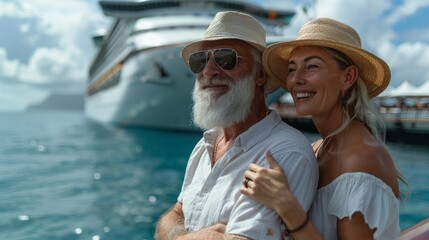 Senior couple ready for another cruise in front of a cruise ship.