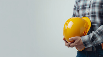 Construction worker holding helmet on white background with copy space - Powered by Adobe