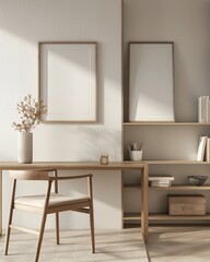 Fototapeta premium Photo of a modern interior design home office with two blank poster frames on the wall, a light wooden desk and chair in front of it, a bookcase behind, minimalistic decor with a soft beige color pale