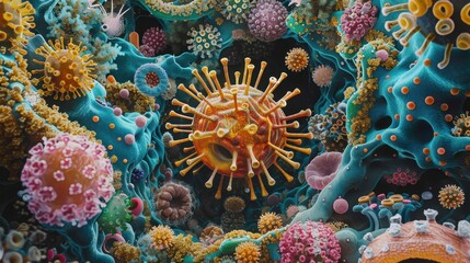 Fototapeta premium Microbiome: Diverse array of microorganisms living on and inside the human body, pivotal for health, digestion, immunity, and disease management. 