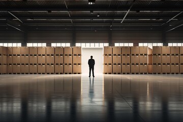 In a large warehouse filled with cargo, the silhouette of a manager highlights the scale of the logistics operations. The clean lines and organized environment provide ample copy space for