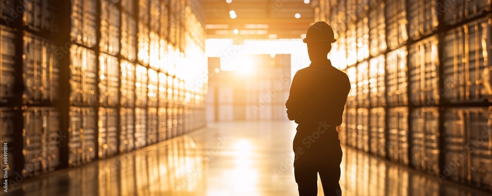 Aufkleber against a backdrop of neatly arranged cargo in a warehouse, the silhouette of a manager reflects the
