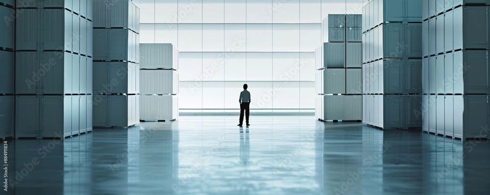 Aufkleber against a backdrop of neatly arranged cargo in a warehouse, the silhouette of a manager reflects the