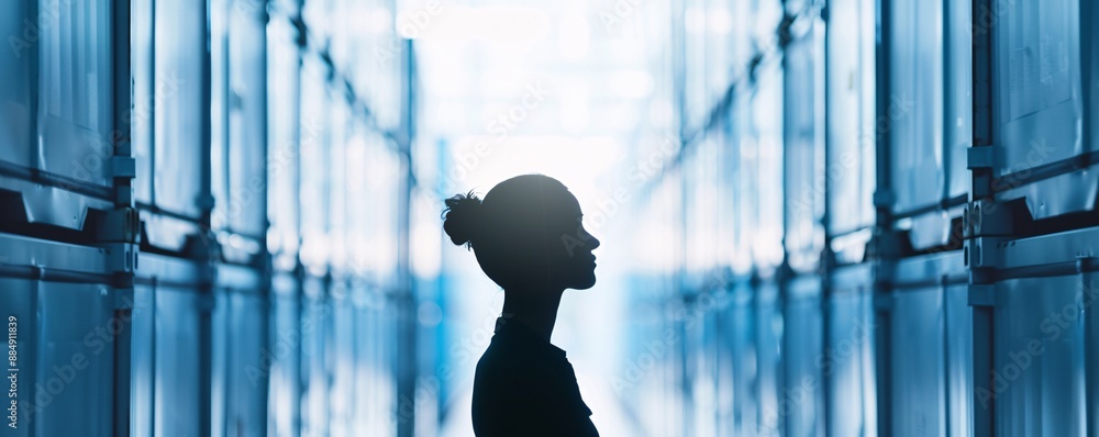 Aufkleber against a backdrop of neatly arranged cargo in a warehouse, the silhouette of a manager reflects the