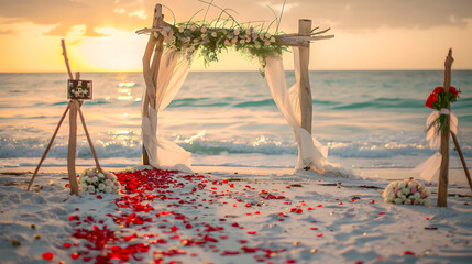 beautiful wooden decorative arch with flowers on the beach, white walkway for wedding ceremony