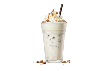 Delicious strawberry milkshake with whipped cream and cherry on top PNG with transparent background for beverage and dessert designs