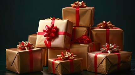 Stack of gold wrapped gifts with red ribbons