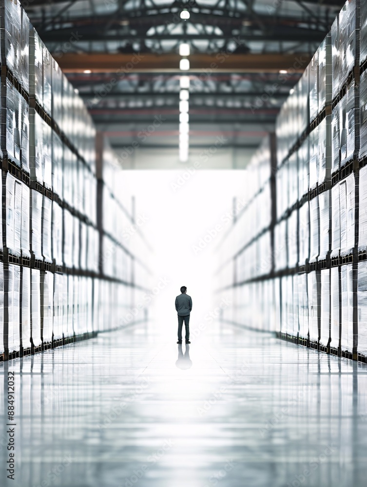 Poster the silhouette of a manager in a large warehouse filled with cargo highlights the efficiency of logi