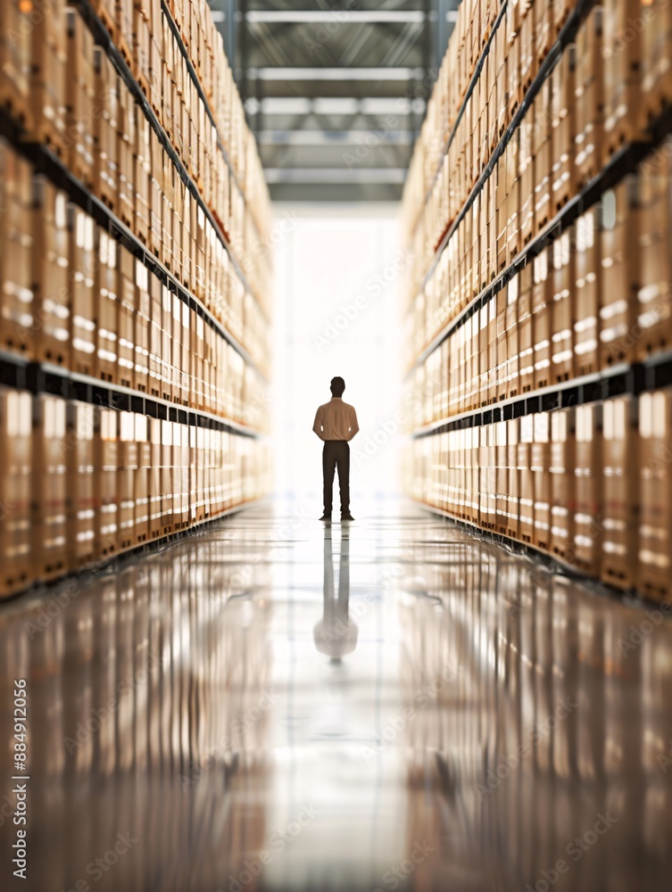 Poster the silhouette of a manager in a large warehouse filled with cargo highlights the efficiency of logi