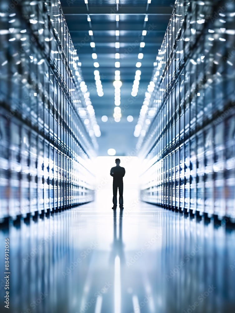 Poster the silhouette of a manager in a large warehouse filled with cargo highlights the efficiency of logi