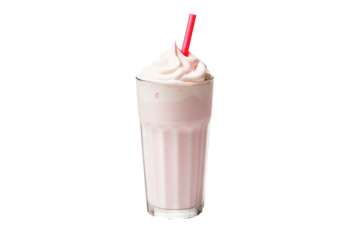 Delicious strawberry milkshake with whipped cream and cherry on top PNG with transparent background for beverage and dessert designs