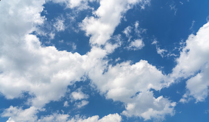 Blue Sky with White Clouds, Sunny Cloudy Sky Texture Background, Fluffy Clouds Pattern, Sunny Cumulus