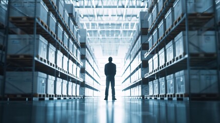 Fototapeta premium A silhouette of a manager stands in a warehouse, surrounded by cargo and logistics equipment. The vast space and organized setup offer plenty of copy space for additional content.