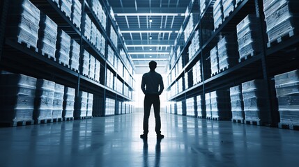 A silhouette of a manager stands in a warehouse, surrounded by cargo and logistics equipment. The vast space and organized setup offer plenty of copy space for additional content.