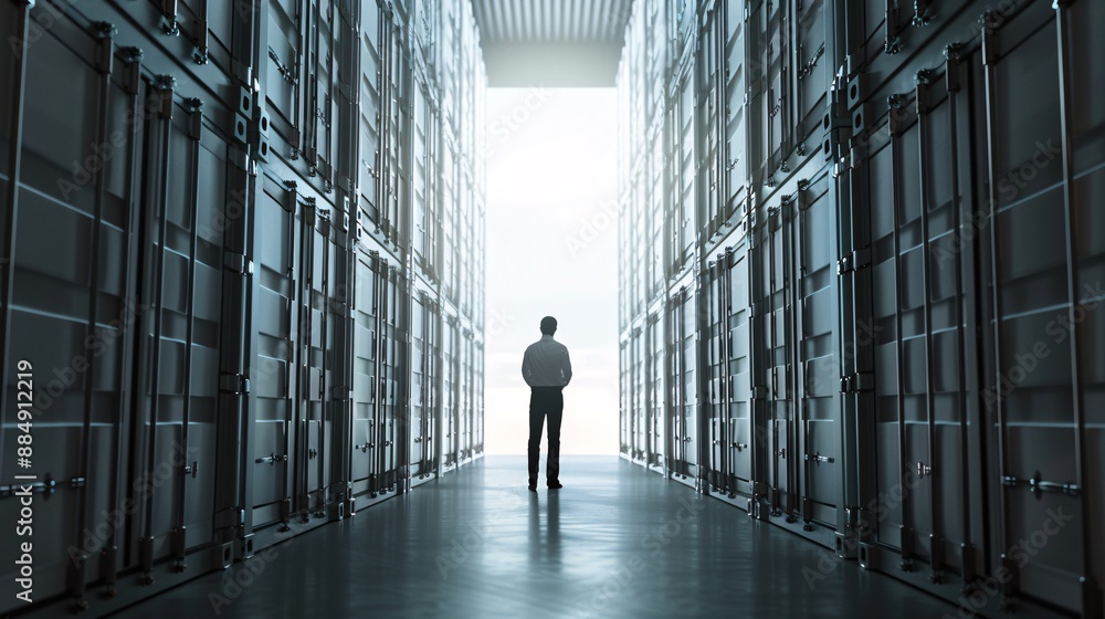 Poster the silhouette of a manager surveys a large warehouse with cargo containers systematically arranged.