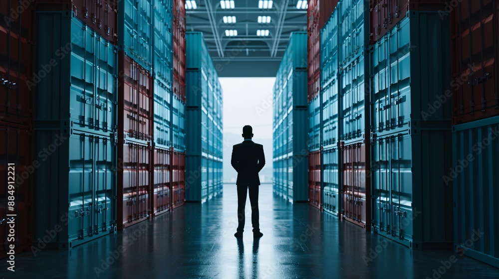 Poster the silhouette of a manager surveys a large warehouse with cargo containers systematically arranged.